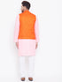 Vastramay Men's Orange, Pink And White Cotton Blend Jacket, Kurta and Pyjama Set