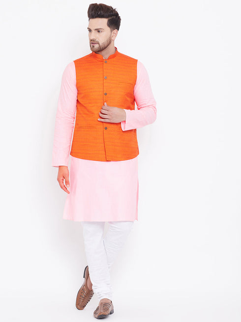 Vastramay Men's Orange, Pink And White Cotton Blend Jacket, Kurta and Pyjama Set