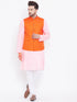Vastramay Men's Orange, Pink And White Cotton Blend Jacket, Kurta and Pyjama Set