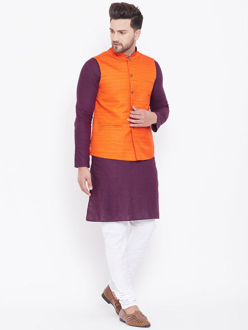 Vastramay Orange, Purple And White Baap Beta Nehru Jacket Kurta Pyjama set