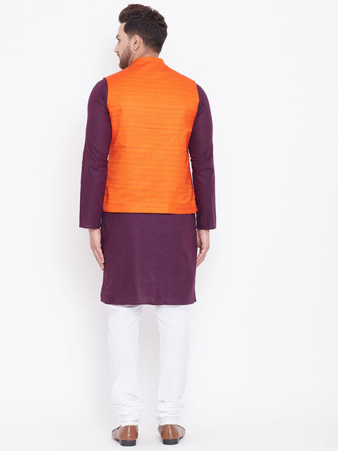 Vastramay Orange, Purple And White Baap Beta Nehru Jacket Kurta Pyjama set
