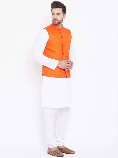 Vastramay Orange Nehru Jacket And White Kurta Pyjama Baap Beta Set