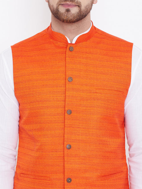 Vastramay Orange Nehru Jacket And White Kurta Pyjama Baap Beta Set