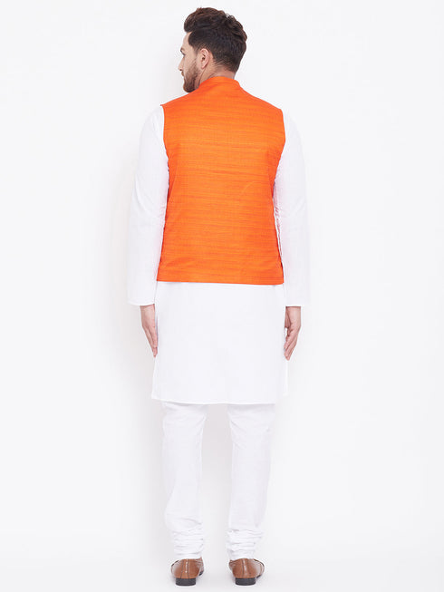 Vastramay Orange Nehru Jacket And White Kurta Pyjama Baap Beta Set