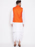 Vastramay Men's Orange And White Cotton Blend Jacket, Kurta and Dhoti Set