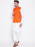 Vastramay Men's Orange And White Cotton Blend Jacket, Kurta and Dhoti Set