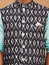 Vastramay Men's Black Ikkat Printed Cotton Nehru Jacket With Aqua Blue Kurta And White Pyjama Set