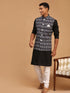 Vastramay Men's Black Ikaat Printede Cotton Nehru Jacket With Black Kurta And White Pyjama Set