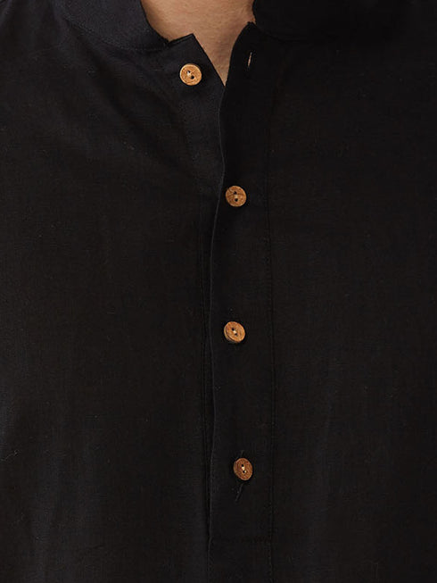 Vastramay Men's Black Ikaat Printede Cotton Nehru Jacket With Black Kurta And White Pyjama Set