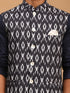 Vastramay Men's Black Ikkat Printed Cotton Nehru Jacket With Navy Blue Kurta And White Pyjama Set