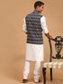 Vastramay Men's Black Ikkat Printed Cotton Nehru Jacket With White Kurta And Pyjama Set
