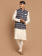 Vastramay Men's Black Nehru Jacket With Cream Kurta And Pyjama Set