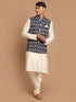Vastramay Men's Black Nehru Jacket With Cream Kurta And Pyjama Set
