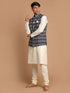 Vastramay Men's Black Nehru Jacket With Cream Kurta And Pyjama Set