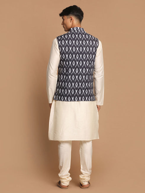Vastramay Men's Black Nehru Jacket With Cream Kurta And Pyjama Set