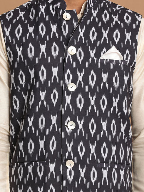 Vastramay Men's Black Nehru Jacket With Cream Kurta And Pyjama Set