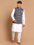 Vastramay Men's Black Ikkat Printed Cotton Nehru Jacket With White Kurta And Pyjama Set