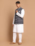 Vastramay Men's Black Ikkat Printed Cotton Nehru Jacket With White Kurta And Pyjama Set