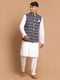 Vastramay Men's Black Ikkat Printed Cotton Nehru Jacket With White Kurta And Pyjama Set