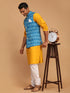 Vastramay Men's Turquoise Ikkat Printed Cotton Nehru Jacket With Mustard Kurta And White Pyjama Set