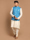 Vastramay Men's Turquoise Cotton Nehru Jacket With Cream Kurta And Pyjama Set