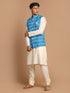 Vastramay Men's Turquoise Cotton Nehru Jacket With Cream Kurta And Pyjama Set