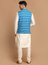 Vastramay Men's Turquoise Cotton Nehru Jacket With Cream Kurta And Pyjama Set