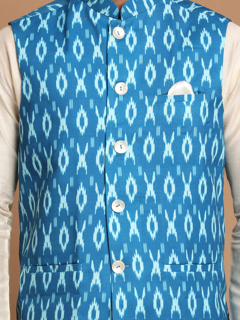 Vastramay Men's Turquoise Cotton Nehru Jacket With Cream Kurta And Pyjama Set
