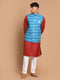 Vastramay Men's Turquoise Cotton Nehru Jacket With Maroon Kurta And Pant Set