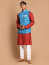 Vastramay Men's Turquoise Cotton Nehru Jacket With Maroon Kurta And Pant Set