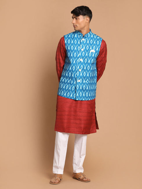 Vastramay Men's Turquoise Cotton Nehru Jacket With Maroon Kurta And Pant Set