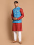 Vastramay Men's Turquoise Cotton Nehru Jacket With Maroon Kurta And Pant Set