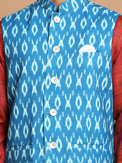 Vastramay Men's Turquoise Cotton Nehru Jacket With Maroon Kurta And Pant Set
