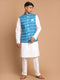 Vastramay Men's Turquoise Cotton Nehru Jacket With White Kurta And Pant Set