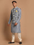 Vastramay Men's Grey Printed Nehru Jacket And kurta With Cream Pyjama Set
