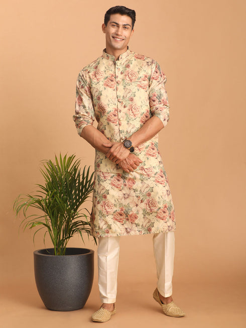 Vastramay Beige Printed Nehru Jacket And kurta With Cream Solid Viscose Pant Set
