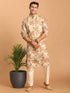 Vastramay Beige Printed Nehru Jacket And kurta With Cream Solid Viscose Pant Set