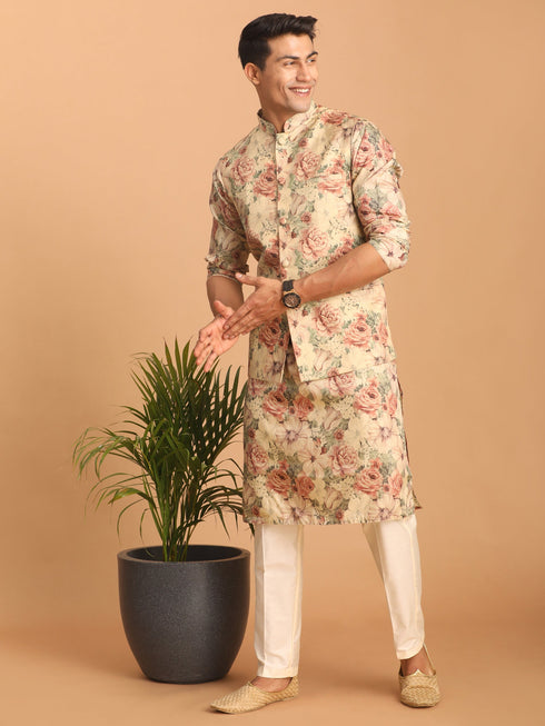 Vastramay Beige Printed Nehru Jacket And kurta With Cream Solid Viscose Pant Set