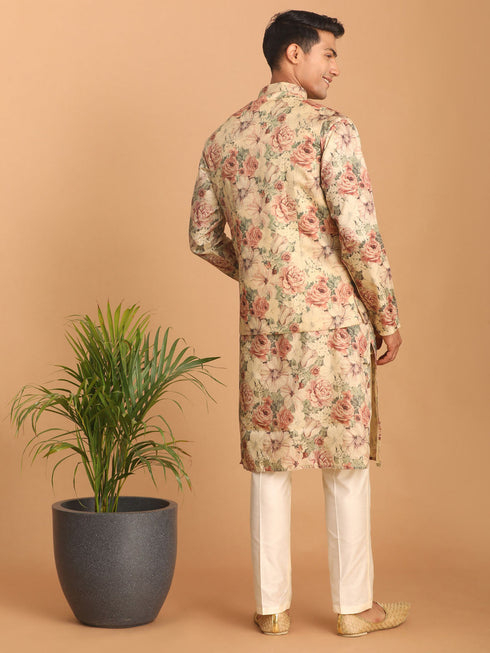 Vastramay Beige Printed Nehru Jacket And kurta With Cream Solid Viscose Pant Set