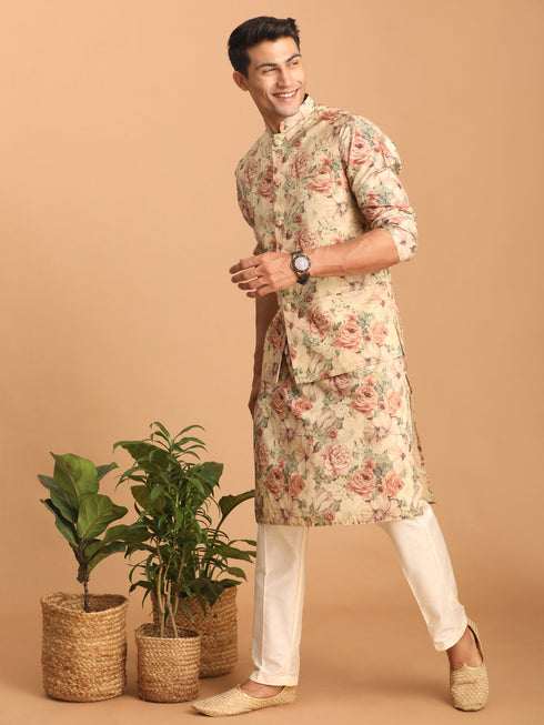 Vastramay Beige Printed Nehru Jacket And kurta With Cream Solid Viscose Pant Set