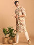 Vastramay Beige Printed Nehru Jacket And kurta With Cream Solid Viscose Pant Set