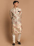 Vastramay Beige Printed Nehru Jacket And kurta With Cream Solid Pyjama Set