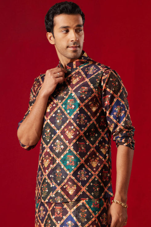 VASTRAMAY Purple Muslin Sequined Patola Print Nehru Jacket