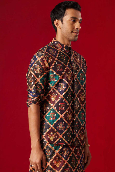 VASTRAMAY Purple Muslin Sequined Patola Print Nehru Jacket