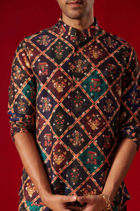 VASTRAMAY Purple Muslin Sequined Patola Print Nehru Jacket