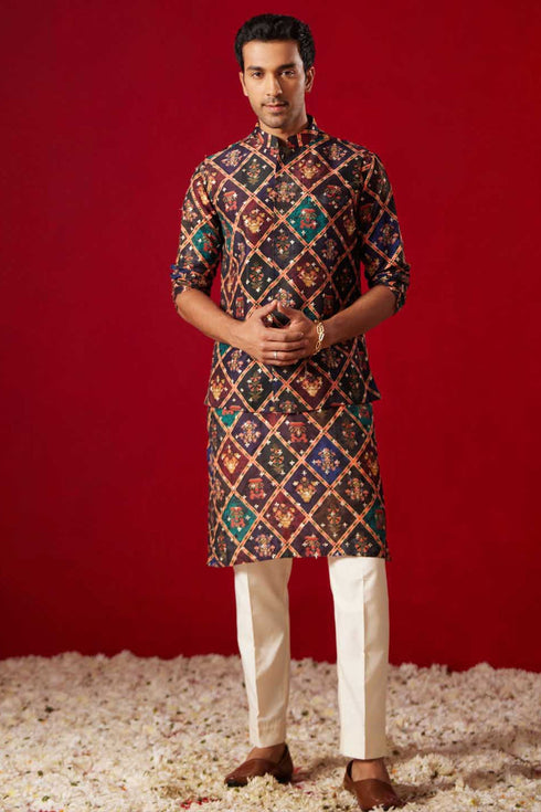 VASTRAMAY Purple Muslin Sequined Patola Print Nehru Jacket