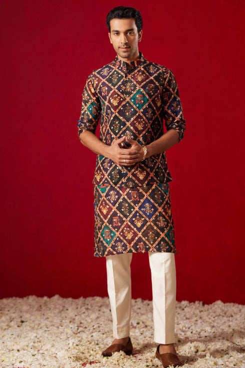 VASTRAMAY Purple Muslin Sequined Patola Printed Navratri Special Jacket Kurta Pant Set