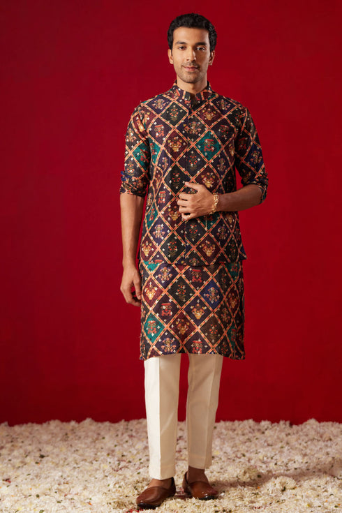 VASTRAMAY Purple Muslin Sequined Patola Printed Navratri Special Jacket Kurta Pant Set