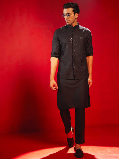 Vastramay Black Rayon Sequined Nehru Jacket
