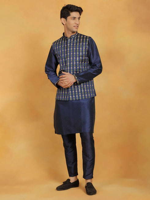 Vastramay Men's Navy Blue Dupion Silk Kurta Pyjama Set